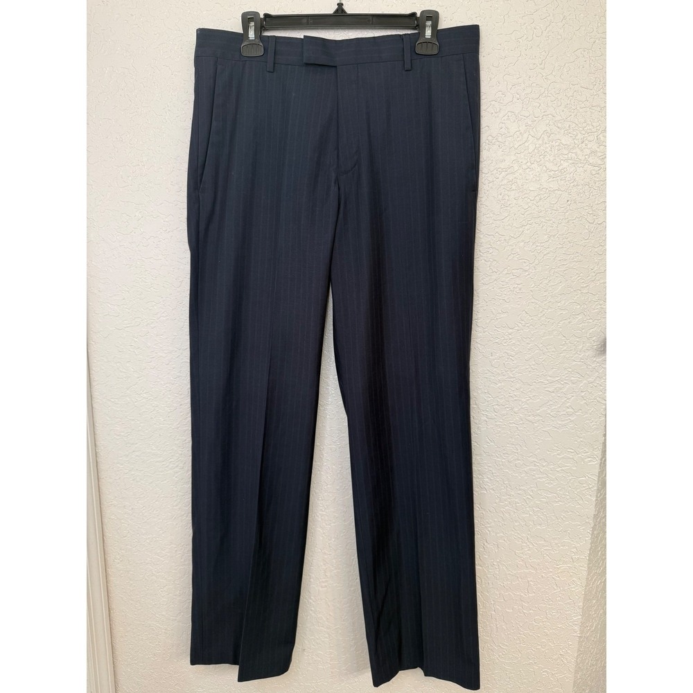 Kenneth Cole Reaction Mens Pinstripe Dress Pants‎ Navy Blue 33x32 Flat Front